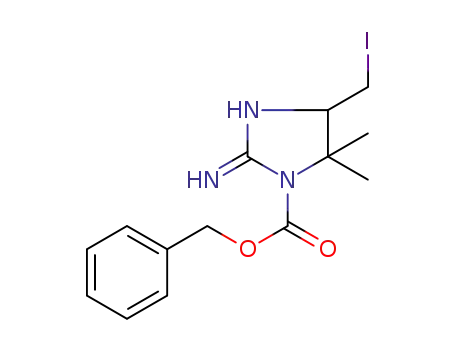 Molecular Structure of 1262675-45-5 (benzyl 2-imino-4-(iodomethyl)-5,5-dimethylimidazolidine-1-carboxylate)
