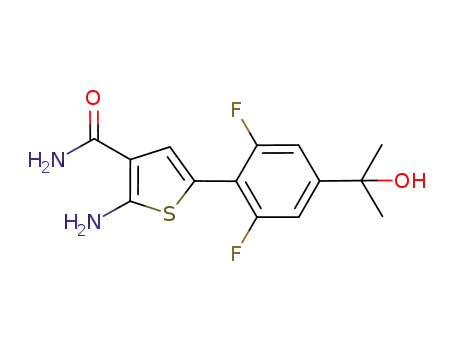 Molecular Structure of 1093878-16-0 (2-amino-5-(2,6-difluoro-4-(1-hydroxy-1-methylethyl)phenyl)thiophene-3-carboxamide)