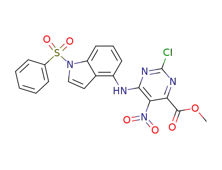 Molecular Structure of 1022158-71-9 (6-(1-benzenesulfonyl-1H-indol-4-ylamino)-2-chloro-5-nitro-pyrimidine-4-carboxylic acid methyl ester)