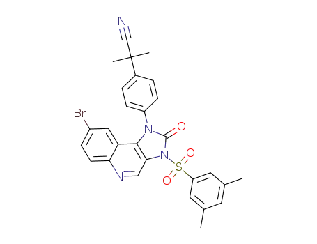 Molecular Structure of 1260167-32-5 (2-(4-(8-bromo-3-(3,5-dimethylphenylsulfonyl)-2-oxo-2,3-dihydro-1H-imidazo[4,5-c]quinolin-1-yl)phenyl)-2-methylpropanenitrile)