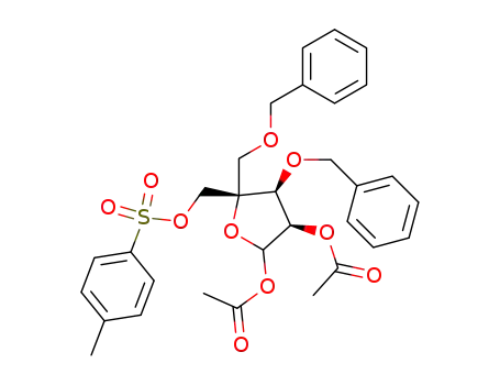 Molecular Structure of 209968-86-5 (4-C-[(phenylmethoxy)methyl]-3-O-(phenylmethyl)-1,2-diacetate 5-(4-methylbenzenesulfonate)-L-lyxofuranose)