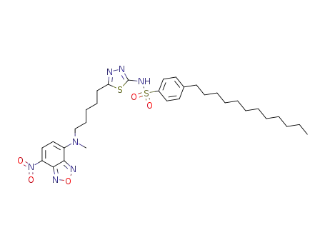 Molecular Structure of 1191951-85-5 (4-dodecyl-N-(5-(5-(methyl(7-nitrobenzo[c][1,2,5]oxadiazol-4-yl)amino)pentyl)-1,3,4-thiadiazol-2-yl)benzenesulfonamide)