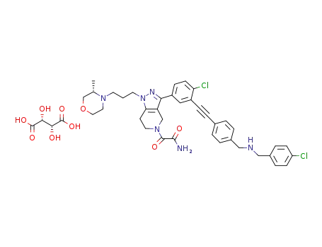 Molecular Structure of 1181359-24-9 (2-{3-(4-chloro-3-{4-[(4-chloro-benzylamino)-methyl]-phenylethynyl}-phenyl)-1-[3-(3-methyl-morpholin-4-yl)-propyl]-1,4,6,7-tetrahydro-pyrazolo[4,3-c]pyridin-5-yl}-2-oxo-acetamide L-tartrate)