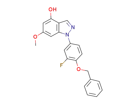 Molecular Structure of 1056263-40-1 (1-{3-fluoro-4-[(phenylmethyl)oxy]phenyl}-6-(methyloxy)-1H-indazol-4-ol)