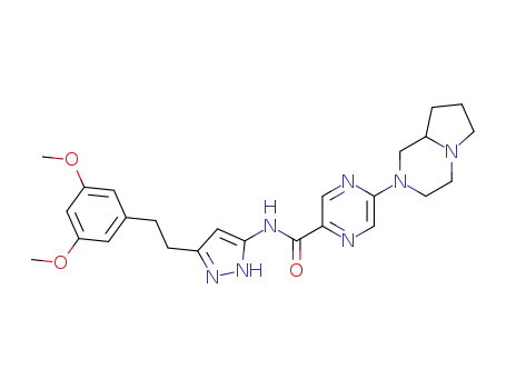Molecular Structure of 1035269-99-8 (5-(3,4,6,7,8,8a-hexahydro-1H-pyrrolo[2,1-c]pyrazin-2-yl)-N-[5-[2-(3,5-dimethoxyphenyl)ethyl]-2H-pyrazol-3-yl]pyrazine-2-carboxamide)