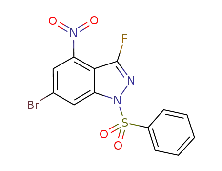 Molecular Structure of 1198437-98-7 (1H-Indazole, 6-bromo-3-fluoro-4-nitro-1-(phenylsulfonyl)-)