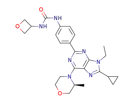 Molecular Structure of 1286275-46-4 ((S)-1-(4-(8-cyclopropyl-9-ethyl-6-(3-methylmorpholino)-9H-purin-2-yl)phenyl)-3-(oxetan-3-yl)urea)