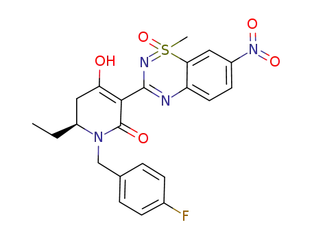 Molecular Structure of 1086106-60-6 (6-(S)-ethyl-1-(4-fluoro-benzyl)-4-hydroxy-3-(1-methyl-7-nitro-1-oxo-1λ<sup>6</sup>-benzo[1,2,4]thiadiazin-3-yl)-5,6-dihydro-1H-pyridin-2-one)