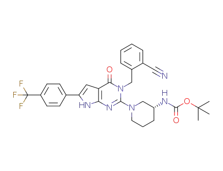 Molecular Structure of 1377432-87-5 (tert-butyl ((3R)-1-(3-(2-cyanobenzyl)-4-oxo-6-(4-(trifluoromethyl)phenyl)-4,7-dihydro-3H-pyrrolo[2,3-d]pyrimidin-2-yl)piperidin-3-yl)carbamate)