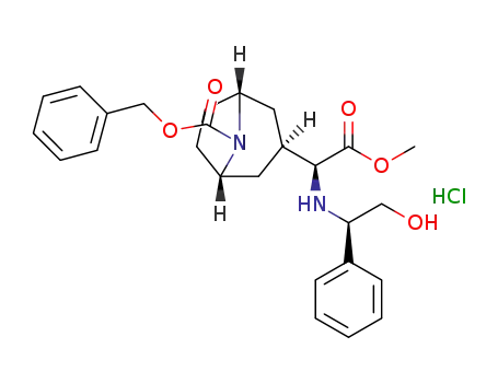 Molecular Structure of 1266350-14-4 (1-(2-hydroxy-1-(1R)-phenylethyl amino)-1-(8-(benzyloxy carbonyl)-8-aza-bicyclo[3.2.1]-oct-3-yl)-exo-methane-1-(1S)-carboxylic acid methyl ester hydrochloride salt)