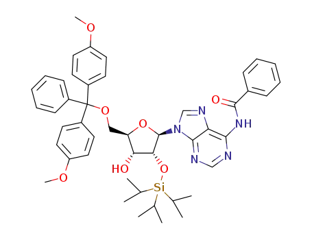 Molecular Structure of 1309592-53-7 (N-(9-((2R,3R,4R,5R)-5-((bis(4-methoxyphenyl)(phenyl)methoxy)methyl)-4-hydroxy-3-((triisopropylsilyl)oxy)tetrahydrofuran-2-yl)-9H-purin-6-yl)benzamide)