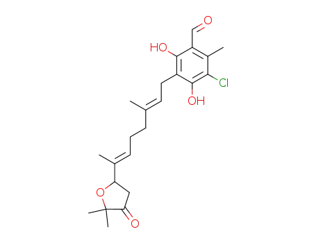 Molecular Structure of 86832-77-1 (3-chloro-5-[(2E,6E)-7-(5,5-dimethyl-4-oxotetrahydrofuran-2-yl)-3-methylocta-2,6-dien-1-yl]-4,6-dihydroxy-2-methylbenzaldehyde)