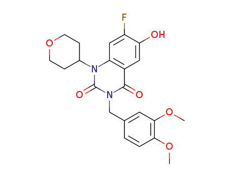 Molecular Structure of 1251702-24-5 (3-(3,4-dimethoxybenzyl)-7-fluoro-6-hydroxy-1-(tetrahydro-2H-pyran-4-yl)quinazoline-2,4(1H,3H)-dione)
