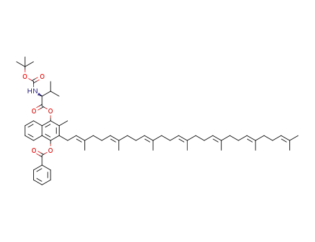 Molecular Structure of 1453189-06-4 (4-(((tert-butoxycarbonyl)-L-valyl)oxy)-2-((2E,6E,10E,14E,18E,22E)-3,7,11,15,19,23,27-heptamethyloctacosa-2,6,10,14,18,22,26-heptaen-1-yl)-3-methylnaphthalen-1-yl benzoate)
