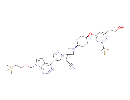 Molecular Structure of 1422457-23-5 ({1-(cis-4-{[6-(2-hydroxyethyl)-2-(trifluoromethyl)pyrimidin-4-yl]oxy}cyclohexyl)-3-[4-(7-{[2-(trimethylsilyl)ethoxy]methyl}-7H-pyrrolo[2,3-d]pyrimidin-4-yl)-1H-pyrazol-1-yl]azetidin-3-yl}acetonitrile)