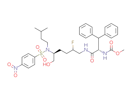 Molecular Structure of 1374138-10-9 (N-[(5S)-2-fluoro-6-hydroxy-5-{(3-methylbutyl)[(4-nitrophenyl)sulfonyl]amino}hexyl]-Nα-(methoxycarbonyl)-β-phenyl-L-phenylalaninamide)