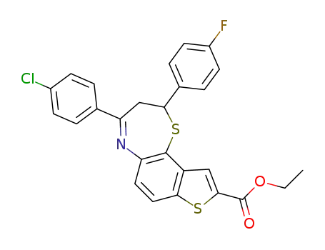 Molecular Structure of 1431881-34-3 (ethyl 4-(4-chlorophenyl)-2-(4-fluorophenyl)-2,3-dihydrothieno-[2',3':5,6]benzo[1,2-b][1,4]thiazepine-9-carboxylate)