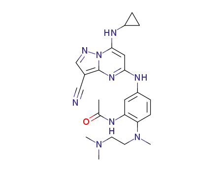 Molecular Structure of 1461658-58-1 (N-(5-(3-cyano-7-(cyclopropylamino)pyrazolo[1,5-a]pyrimidin-5-ylamino)-2-((2-(dimethylamino)ethyl)(methyl)amino)phenyl)acetamide)