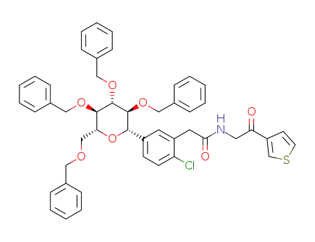 Molecular Structure of 1260242-51-0 (2-(2-chloro-5-((2S,3S,4R,5R,6R)-3,4,5-tris(benzyloxy)-6-(benzyloxymethyl)-tetrahydro-2H-pyran-2-yl)phenyl)-N-(2-oxo-2-(thiophen-3-yl)ethyl)acetamide)