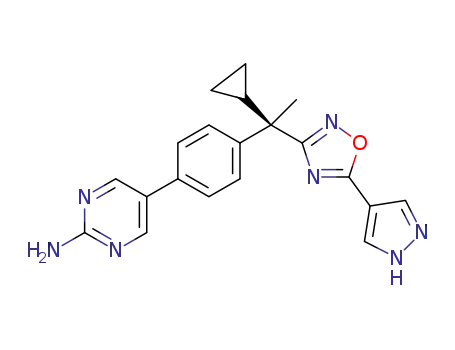 Molecular Structure of 1360549-37-6 (5-(4-{(R)-1-cyclopropyl-1-[5-(1H-pyrazol-4-yl)-[1,2,4]oxadiazol-3-yl]ethyl}phenyl)pyrimidin-2-ylamine)
