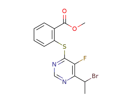 Molecular Structure of 1258386-28-5 (methyl 2-[6-(1-bromo-ethyl)-5-fluoropyrimidin-4-yl-sulfanyl]benzoate)