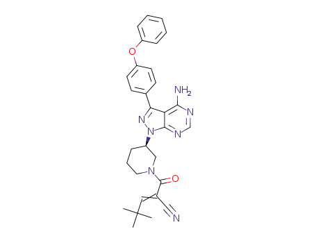 Molecular Structure of 1412418-65-5 (<sub>(R)-2-(3-(4-amino-3-(4-phenoxyphenyl)-1H-pyrazolo[3,4-d]pyrimidin-1-yl)piperidine-1-carbonyl)-4,4-dimethylpent-2-enenitrile</sub>)