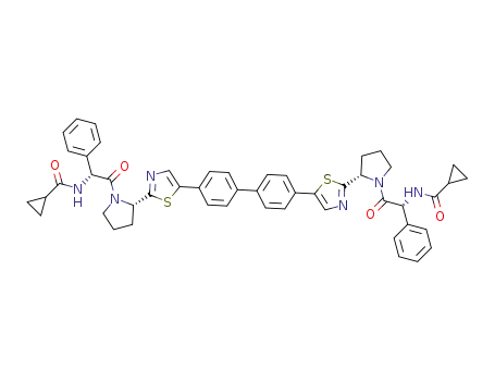 Molecular Structure of 1310694-75-7 (N,N’-(biphenyl-4,4'-diylbis{1,3-thiazole-5,2-diyl-(2S)-pyrrolidine-2,1-diyl[(1R)-2-oxo-1-phenylethane-2,1-diyl]})dicyclopropanecarboxamide)