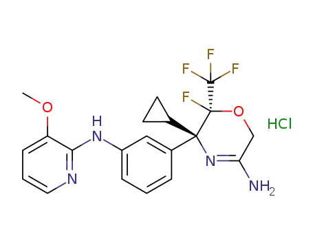 Molecular Structure of 1443259-21-9 ((5R,6S)-5-cyclopropyl-6-fluoro-5-{3-[(3-methoxypyridin-2-yl)amino]phenyl}-6-(trifluoromethyl)-5,6-dihydro-2H-1,4-oxazin-3-amine hydrochloride)