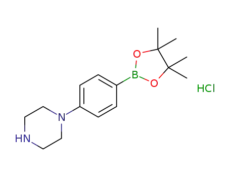 Molecular Structure of 1415794-62-5 (1-[4-(4,4,5,5-tetramethyl-1,3,2-dioxaborolan-2-yl)phenyl]piperazine hydrochloride salt)