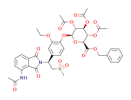 Molecular Structure of 1384967-21-8 ((2S,3R,4S,5S,6S)-2-(4-((S)-1-(4-acetamido-1,3-dioxoisoindolin-2-yl)-2-(methylsulfonyl)ethyl)-2-ethoxyphenoxy)-6-((benzyloxy)carbonyl)tetrahydro-2H-pyran-3,4,5-triyltriacetate)