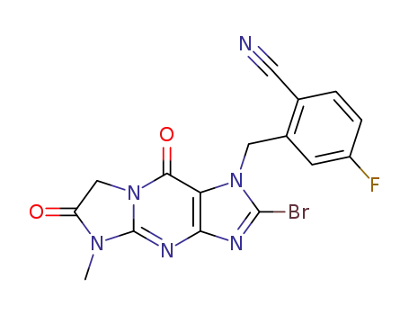 Molecular Structure of 1417715-75-3 (2-(2-bromo-5-methyl-6,9-dioxo-5,6,7,9-tetrahydro-1H-imidazo[1,2-a]purin-3-yl)methyl-4-fluorobenzonitrile)