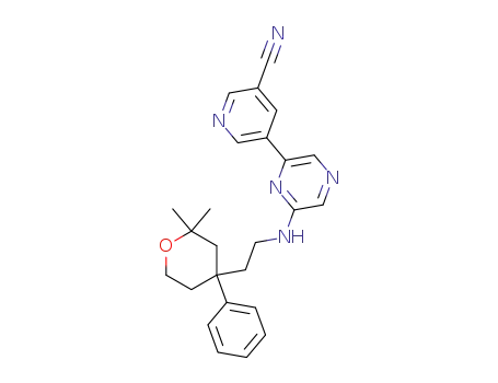 Molecular Structure of 1581258-00-5 (5-(6-(2-(2,2-dimethyl-4-phenyltetrahydro-2H-pyran-4-yl)ethylamino)pyrazin-2-yl)nicotinonitrile)