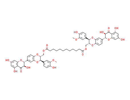 Molecular Structure of 1190835-16-5 (bis(((2R,3R)-3-(4-hydroxy-3-methoxyphenyl)-6-((2R,3R)-3,5,7-trihydroxy-4-oxochroman-2-yl)-2,3-dihydrobenzo[b][1,4]dioxin-2-yl)methyl) dodecanedioate)