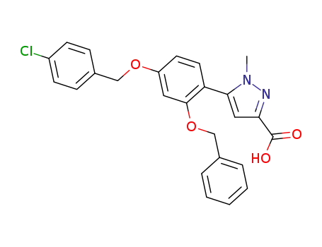 Molecular Structure of 821780-45-4 (1H-Pyrazole-3-carboxylic acid,
5-[4-[(4-chlorophenyl)methoxy]-2-(phenylmethoxy)phenyl]-1-methyl-)