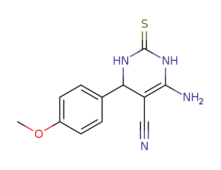 Molecular Structure of 81585-35-5 (5-Pyrimidinecarbonitrile,
6-amino-1,2,3,4-tetrahydro-4-(4-methoxyphenyl)-2-thioxo-)