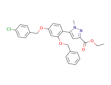 Molecular Structure of 821780-48-7 (1H-Pyrazole-3-carboxylic acid,
5-[4-[(4-chlorophenyl)methoxy]-2-(phenylmethoxy)phenyl]-1-methyl-,
ethyl ester)