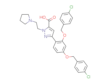 Molecular Structure of 821780-36-3 (1H-Pyrazole-5-carboxylic acid,
3-[2,4-bis[(4-chlorophenyl)methoxy]phenyl]-1-[2-(1-pyrrolidinyl)ethyl]-)