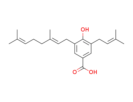 Molecular Structure of 135743-12-3 (3-[(2E)-3,7-dimethylocta-2,6-dien-1-yl]-4-hydroxy-5-(3-methylbut-2-en-1-yl)benzoic acid)