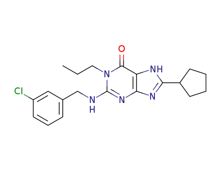 Molecular Structure of 1303953-89-0 (2-(3-Chloro-benzylamino)-8-cyclopentyl-1-propyl-1,7-dihydro-purin-6-one)