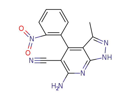 Molecular Structure of 1313199-48-2 (6-amino-3-methyl-4-(2-nitrophenyl)-1H-pyrazolo[3,4-b]pyridine-5-carbonitrile)