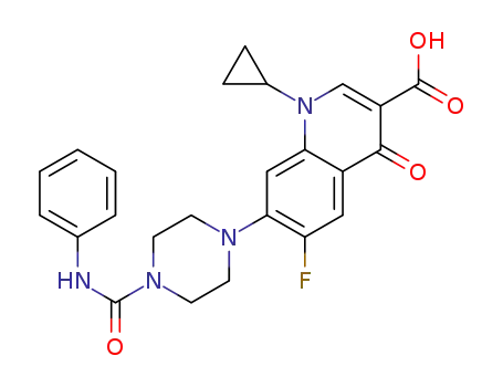 Molecular Structure of 632299-41-3 (3-Quinolinecarboxylic acid, 1-cyclopropyl-6-fluoro-1,4-dihydro-4-oxo-7-[4-[(phenylaMino)carbonyl]-1-piperazinyl]-)