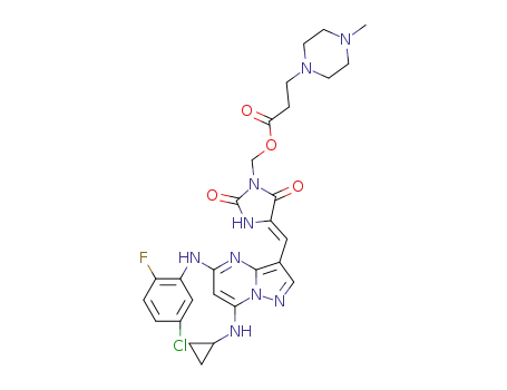 Molecular Structure of 1309846-23-8 ((Z)-(4-((5-(5-chloro-2-fluorophenylamino)-7-(cyclopropylamino)pyrazolo[1,5-a]pyrimidin-3-yl)methylene)-2,5-dioxoimidazolidin-1-yl)methyl 3-(4-methylpiperazin-1-yl)propanoate)