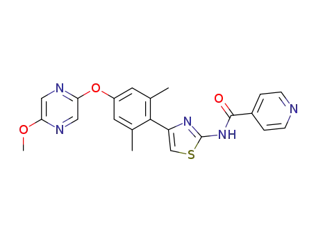 Molecular Structure of 1439936-30-7 (N-(4-{4-[(5-methoxypyrazin-2-yl)oxy]-2,6-dimethylphenyl}thiazol-2-yl)isonicotinamide)