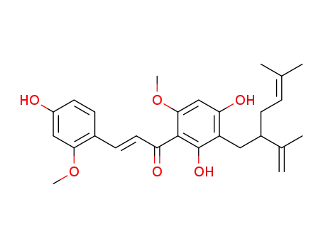 Molecular Structure of 99217-65-9 ((2E)-1-{2,4-dihydroxy-6-methoxy-3-[5-methyl-2-(1-methylethenyl)hex-4-en-1-yl]phenyl}-3-(4-hydroxy-2-methoxyphenyl)prop-2-en-1-one)