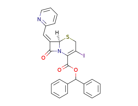 Molecular Structure of 460739-55-3 (5-Thia-1-azabicyclo[4.2.0]oct-2-ene-2-carboxylic acid,
3-iodo-8-oxo-7-(2-pyridinylmethylene)-, diphenylmethyl ester, (6R,7Z)-)