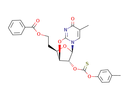 Molecular Structure of 130481-58-2 (Benzoic acid 2-((1R,9S,10R,12R)-4-methyl-5-oxo-12-p-tolyloxythiocarbonyloxy-8,11-dioxa-2,6-diaza-tricyclo[7.2.1.0<sup>2,7</sup>]dodeca-3,6-dien-10-yl)-ethyl ester)