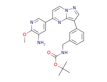 Molecular Structure of 1414463-32-3 ({3-[5-(5-amino-6-methoxypyridin-3-yl)pyrazolo[1,5-a]pyrimidin-3-yl]benzyl}carbamic acid tert-butyl ester)