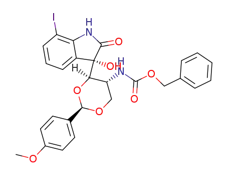 Molecular Structure of 602301-42-8 (Carbamic acid,
[(2R,4R,5R)-4-[(3S)-2,3-dihydro-3-hydroxy-7-iodo-2-oxo-1H-indol-3-yl]-
2-(4-methoxyphenyl)-1,3-dioxan-5-yl]-, phenylmethyl ester)