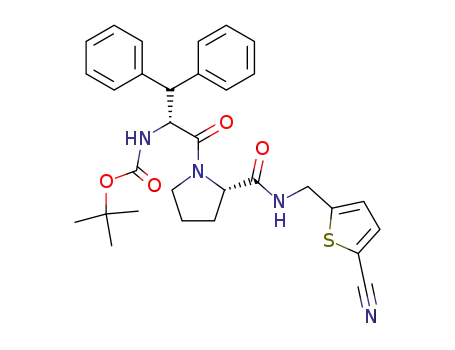 Molecular Structure of 280781-39-7 (L-Prolinamide,
N-[(1,1-dimethylethoxy)carbonyl]-b-phenyl-D-phenylalanyl-N-[(5-cyano-2-
thienyl)methyl]-)