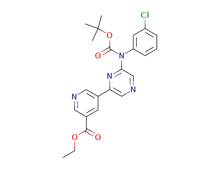 Molecular Structure of 405939-82-4 (3-Pyridinecarboxylic acid,
5-[6-[(3-chlorophenyl)[(1,1-dimethylethoxy)carbonyl]amino]pyrazinyl]-,
ethyl ester)
